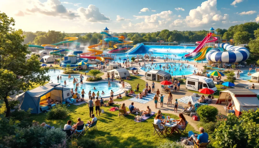 Camping ensoleillé avec tentes et familles près d'un parc aquatique.