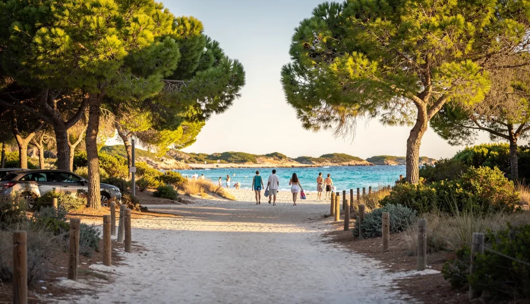 Entrée de la Plage de l'Estagnol avec un chemin sablonneux, un parking à l’ombre des pins et des personnes allant vers la mer turquoise en fin d’après-midi.