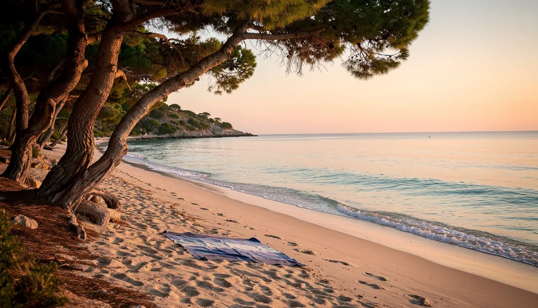 Une plage d’Estagnol au lever du soleil avec une serviette posée entre des pins et des vagues calmes.