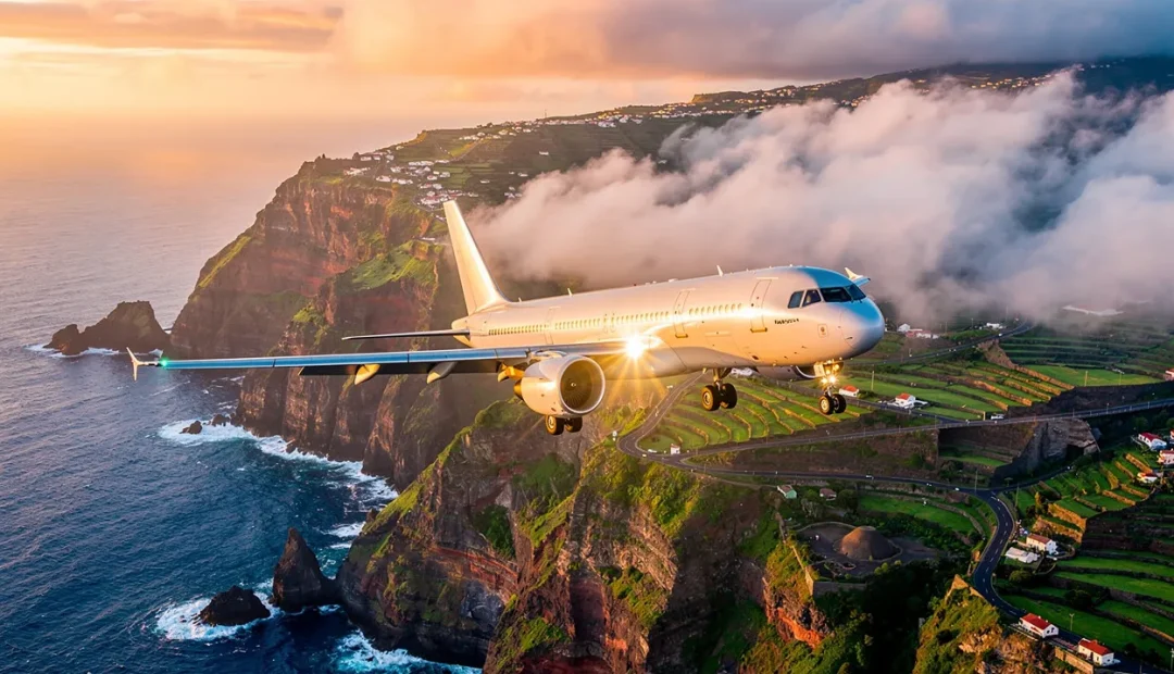 Un avion moderne approche des montagnes verdoyantes de Madère au-dessus de l’océan sous une lumière dorée au coucher du soleil.