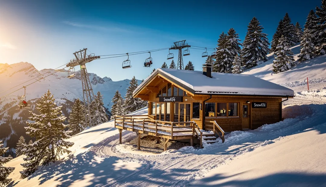 Le chalet SnowKfé domine une pente enneigée à Gourette, entouré de sapins et de remontées mécaniques sous un ciel bleu et lumineux.