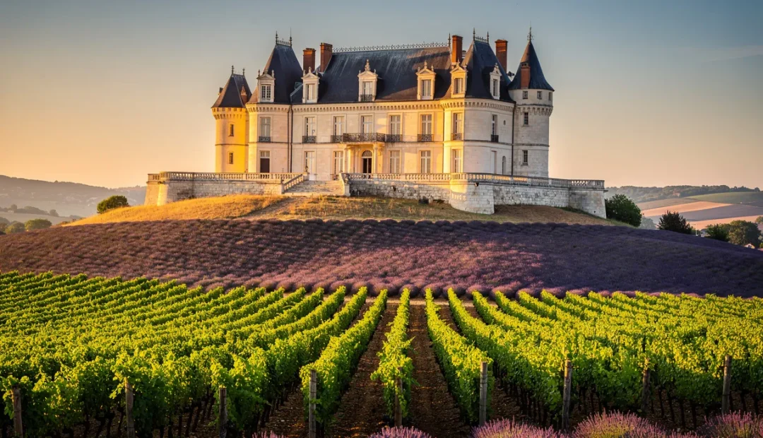 Un grand château domine une colline baignée de lumière, entouré de vignobles et de champs de lavande dans le sud de la France.