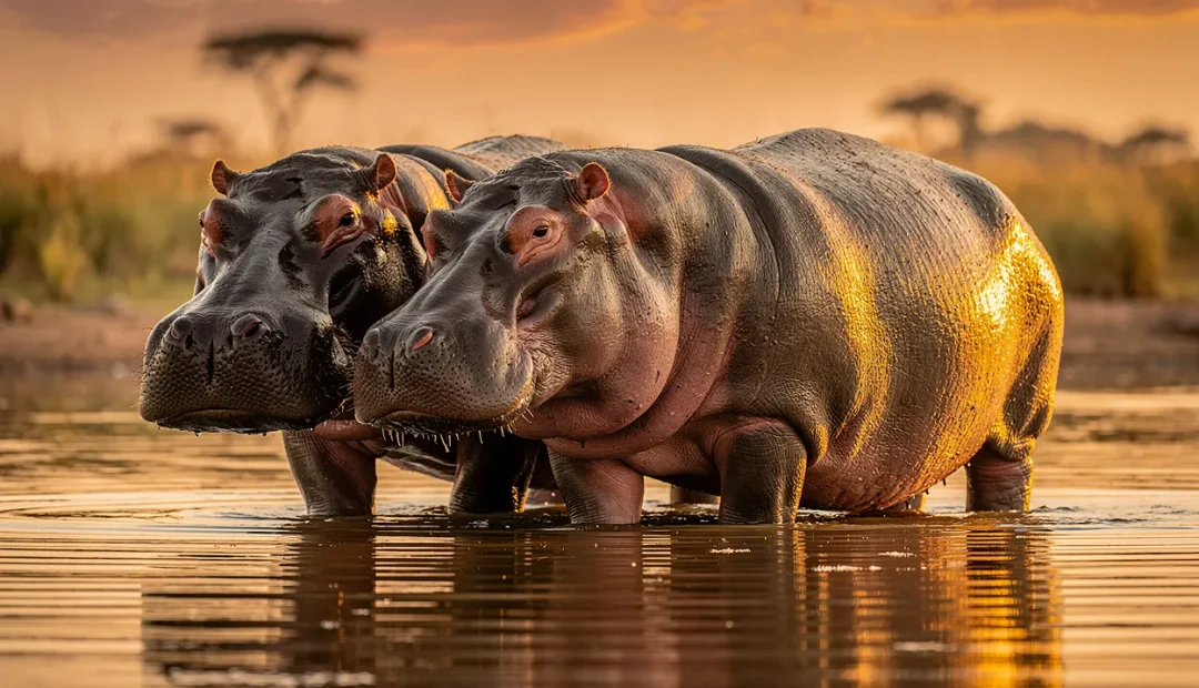 Un hippopotame mâle et une femelle debout côte à côte dans une rivière peu profonde au coucher du soleil.