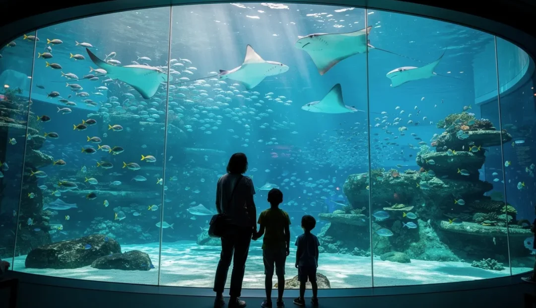 Une famille observe un grand aquarium peuplé de poissons colorés et de raies, baignés de lumière bleutée.