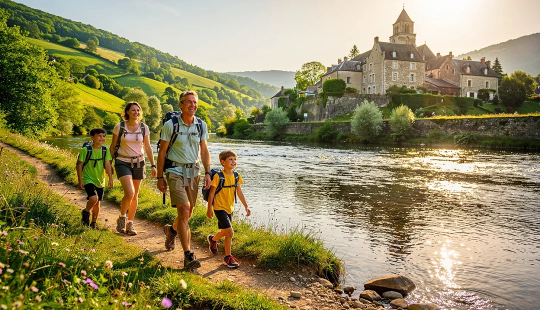 Une famille marche joyeusement sur un sentier près d’une rivière en Corrèze, bordée de collines verdoyantes et d’un village en pierre sous la lumière dorée du soir.