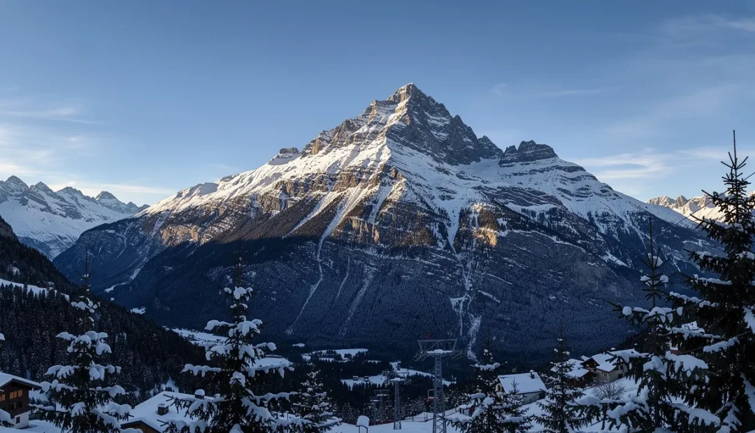 Le sommet du Mont Bochor domine Pralognan-la-Vanoise sous une lumière matinale, avec des pentes rocheuses saupoudrées de neige et des pins au premier plan.