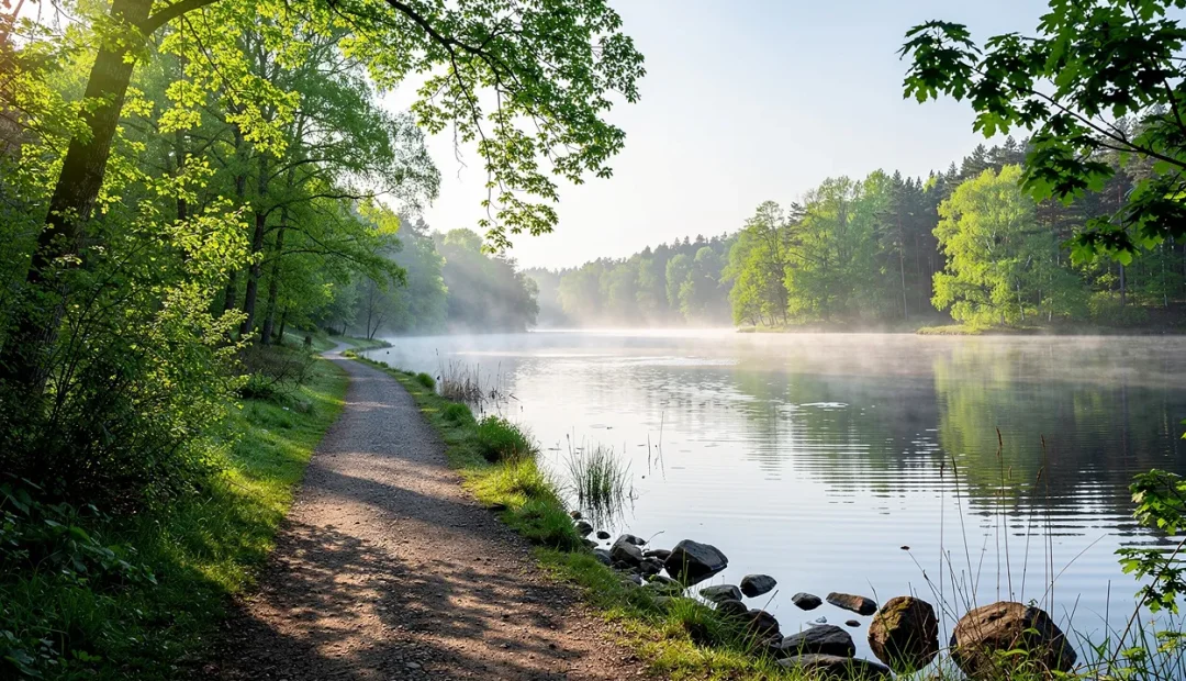 Un lac paisible entouré d’arbres verdoyants avec un sentier sinueux de 2,8 km longeant la rive, dans une brume matinale et une lumière douce.