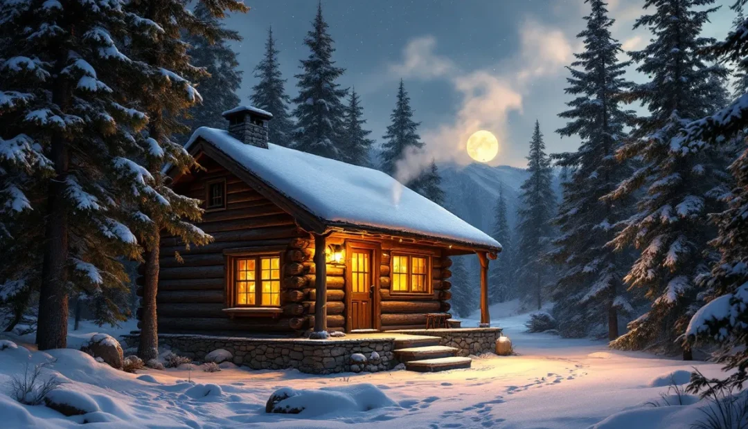Une cabane en rondins se trouve dans une forêt enneigée la nuit, avec des lumières dorées aux fenêtres, de la fumée s’échappant de la cheminée, entourée de pins sous un ciel étoilé.