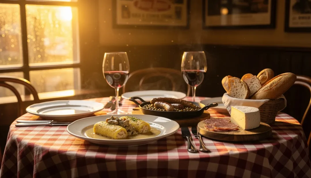 Table de bouchon lyonnais dressée avec des plats régionaux sur une nappe à carreaux rouges, éclairée par une lumière dorée à travers des fenêtres embuées.