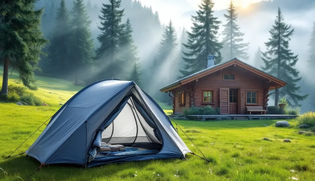 Une tente est installée sur une prairie de montagne face à un chalet en bois entouré de pins sous une lumière douce du matin.