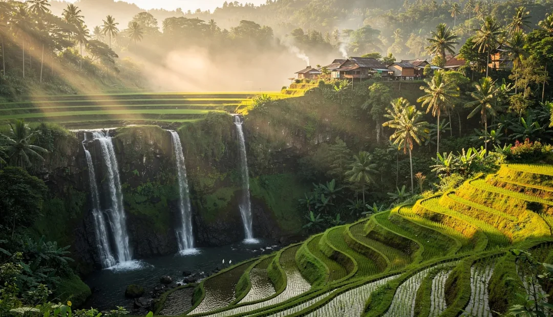 Des cascades traversent des rizières vert émeraude au pied d’un village de montagne entouré de forêt tropicale dans la lumière douce du matin.